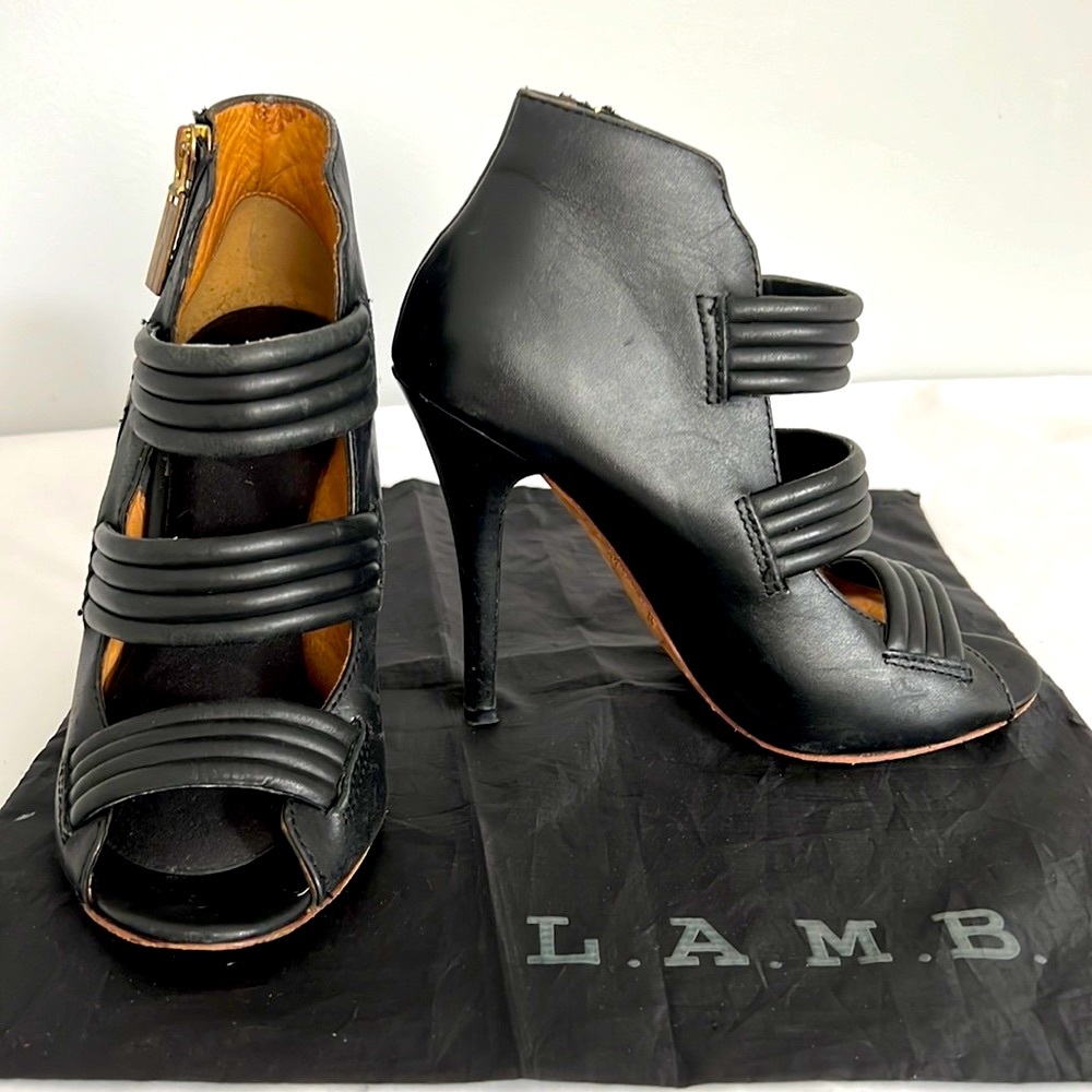 LAMB Gwen Black Leather Open Toe Ankle Stiletto Bootie Heels Shoe Womens 39 | 9